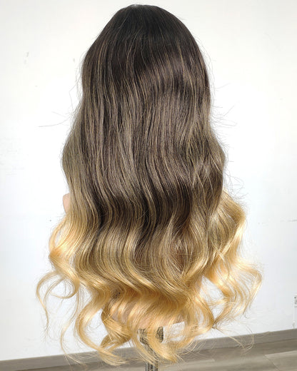 Ausverkauf | 22 Zoll Aschblond Lang Gewellt Echthaar Swiss Lace Closure Perücke - RT-2189