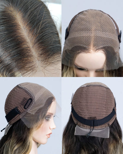 Ausverkauf | 22 Zoll Aschblond Lang Gewellt Echthaar Swiss Lace Closure Perücke - RT-2189