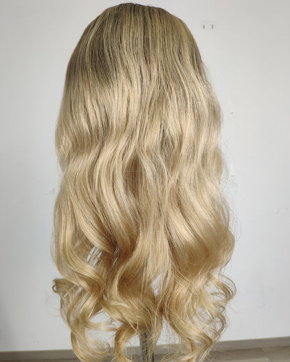 Clearance | 24 Inches Rooted Champagne Beige Blonde Human Hair Swiss Lace Closure Wig - RTW-752