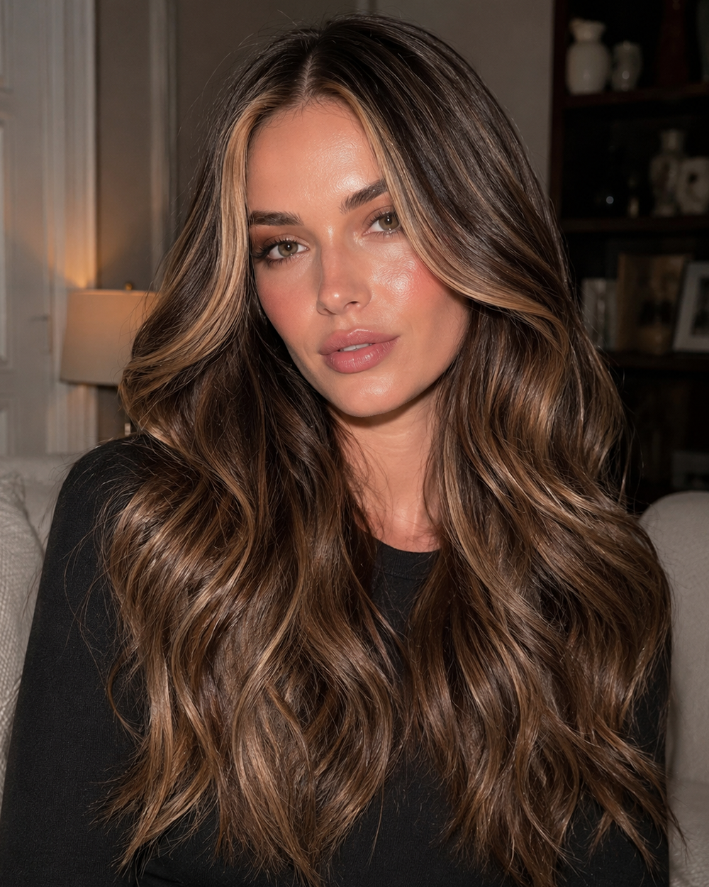 Camille | 24" Mocha Brown with Blonde Highlights Loose Wave Human Hair Lace Closure Wig - WW083