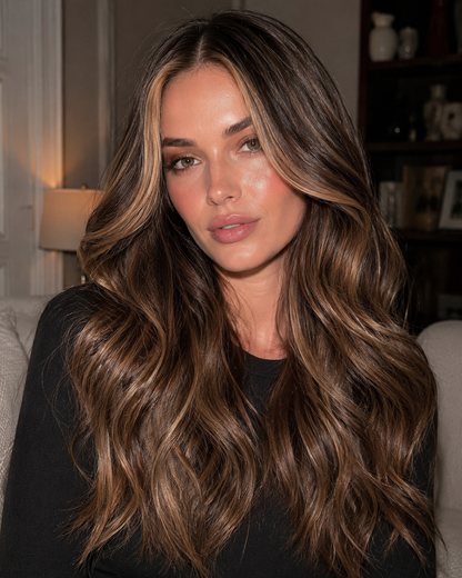 Camille | 24" Mocha Brown with Blonde Highlights Loose Wave Human Hair Lace Closure Wig - WW083