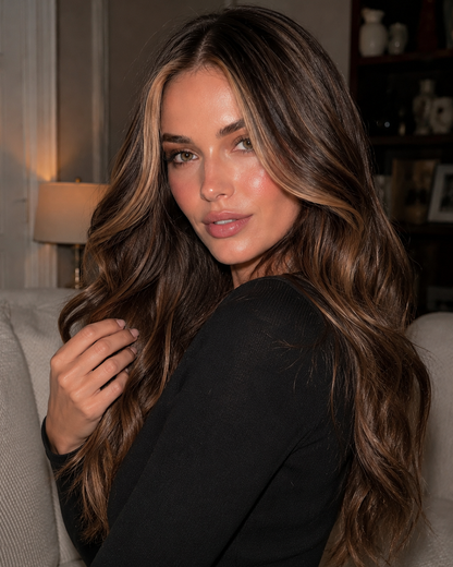 Camille | 24" Mocha Brown with Blonde Highlights Loose Wave Human Hair Lace Closure Wig - WW083