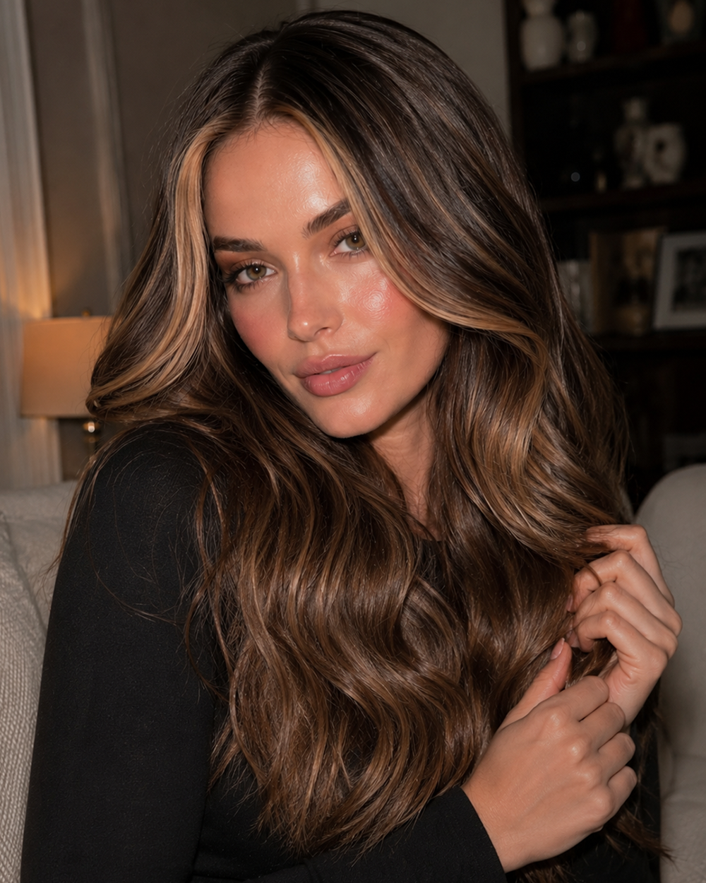 Camille | 24" Mocha Brown with Blonde Highlights Loose Wave Human Hair Lace Closure Wig - WW083