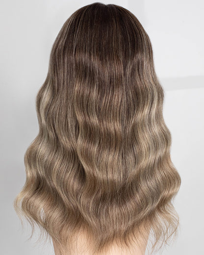 Vera | 20" Ash Beige Balayage With Dark Roots Human Hair Swiss Lace Front Wig - WW049