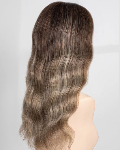 Vera | 20" Ash Beige Balayage With Dark Roots Human Hair Swiss Lace Front Wig - WW049