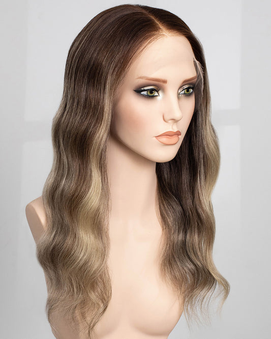 Vera | 20" Ash Beige Balayage With Dark Roots Human Hair Swiss Lace Front Wig - WW049