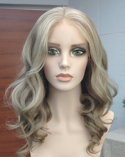 Mila | 18" Ash Blonde Highlight loose wave Human Hair Swiss Lace Front Wig - WW056