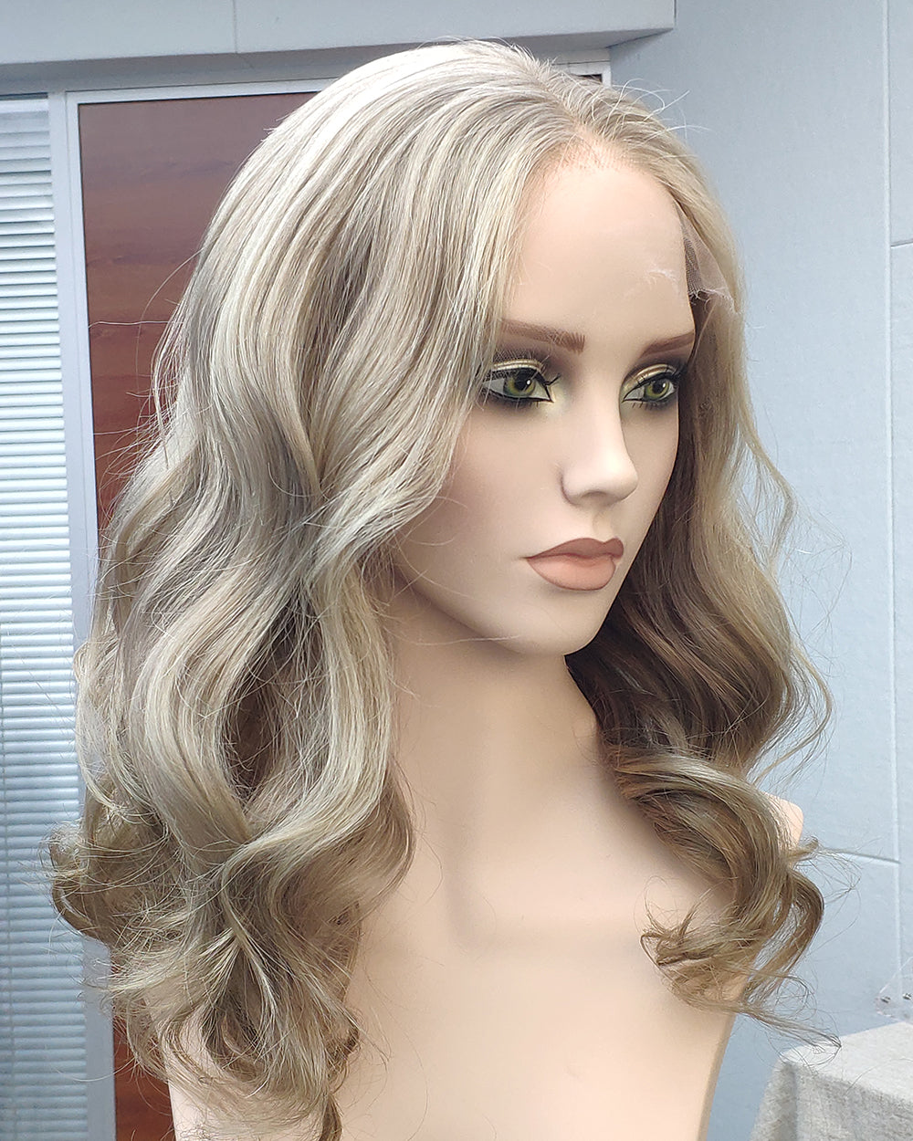 Mila | 18" Ash Blonde Highlight loose wave Human Hair Swiss Lace Front Wig - WW056