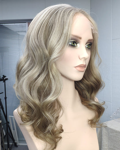 Mila | 18" Ash Blonde Highlight loose wave Human Hair Swiss Lace Front Wig - WW056