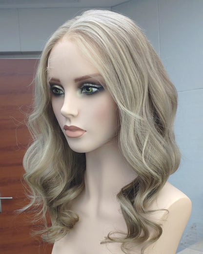 Mila | 18" Ash Blonde Highlight loose wave Human Hair Swiss Lace Front Wig - WW056