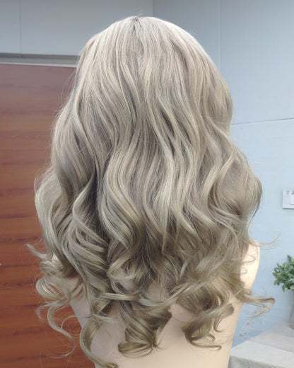 Mila | 18" Ash Blonde Highlight loose wave Human Hair Swiss Lace Front Wig - WW056