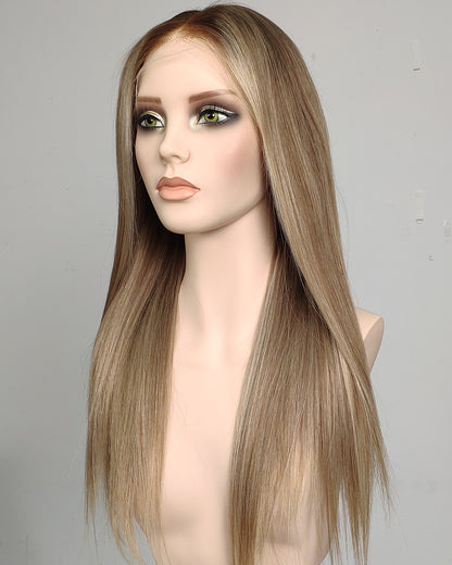 Clearance | 20 Inches Ash Blonde Highlights Human Hair Swiss Lace Closure Wig - RT-2283