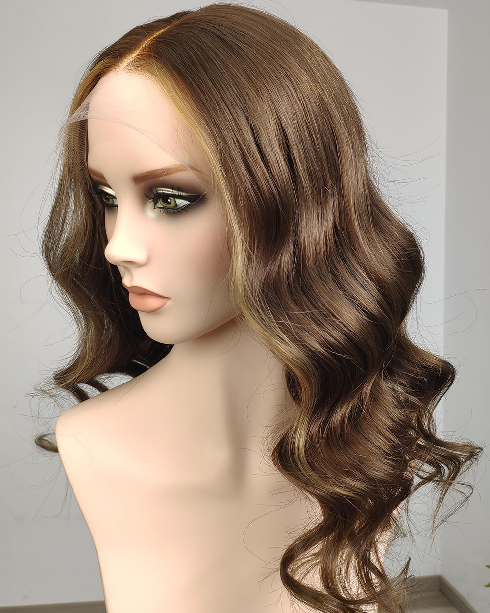 Rowan | 20" Ash Brown with Golden Highlights Soft Wavy Human Hair Swiss Lace Front Wig - WW055