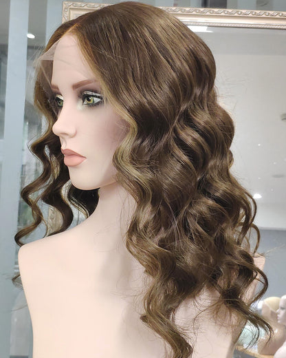 Rowan | 20" Ash Brown with Golden Highlights Soft Wavy Human Hair Swiss Lace Front Wig - WW055