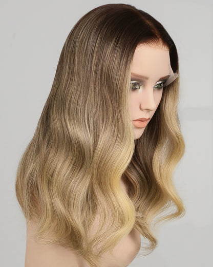 Vera | 20" Blonde Balayage With Dark Roots Human Hair Swiss Lace Front Wig - WW049