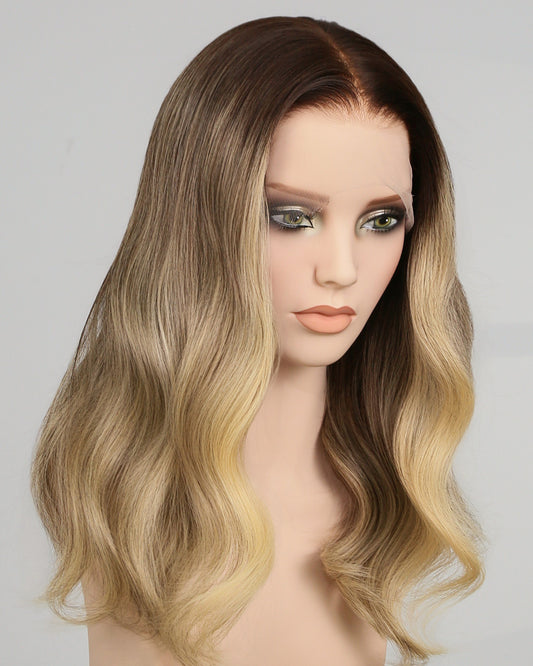 Vera | 20" Blonde Balayage With Dark Roots Human Hair Swiss Lace Front Wig - WW049