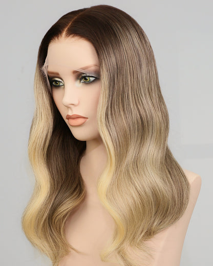 Vera | 20" Blonde Balayage With Dark Roots Human Hair Swiss Lace Front Wig - WW049