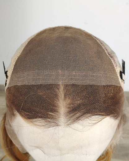 Ausverkauf | 22 Zoll Aschblond Lang Gewellt Echthaar Swiss Lace Closure Perücke - RT-2189