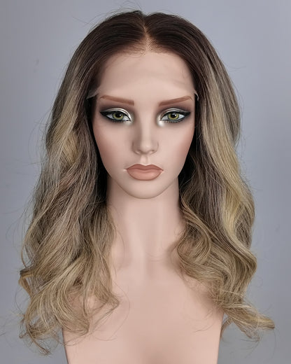 Ausverkauf | 22 Zoll Aschblond Lang Gewellt Echthaar Swiss Lace Closure Perücke - RT-2189
