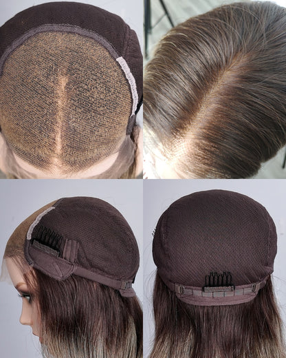 Ausverkauf | 22 Zoll Aschblond Lang Gewellt Echthaar Swiss Lace Closure Perücke - RT-2189