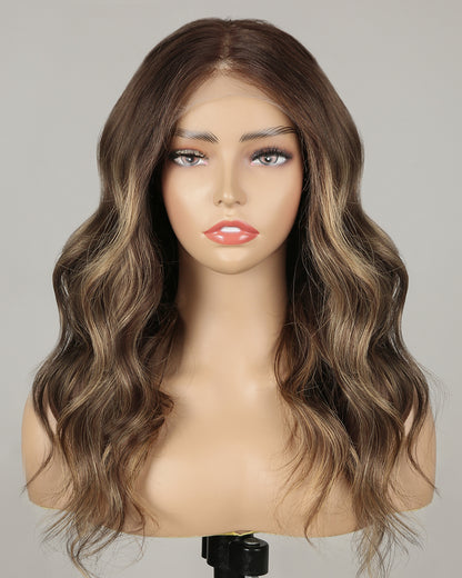 Talia | 20" Brown with Blonde Highlight Body Wave Glueless Swiss Lace Closure Wig - WW034
