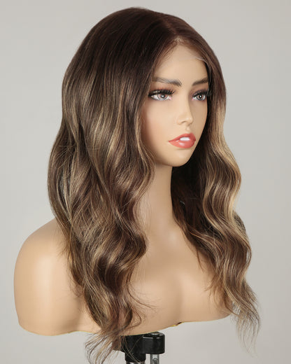 Talia | 20" Brown with Blonde Highlight Body Wave Glueless Swiss Lace Closure Wig - WW034