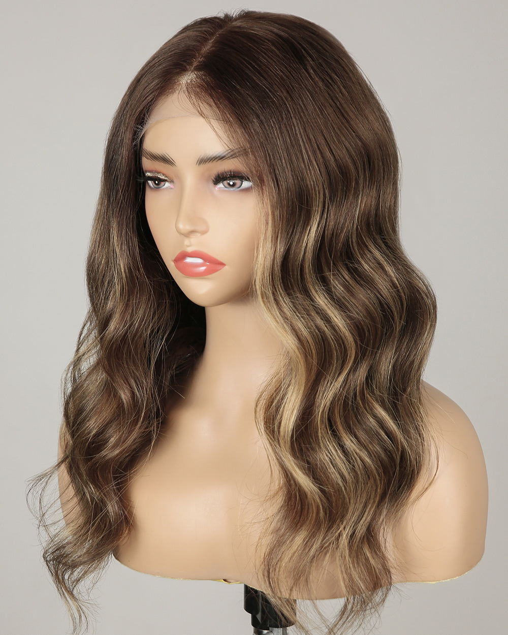Talia | 20" Brown with Blonde Highlight Body Wave Glueless Swiss Lace Closure Wig - WW034
