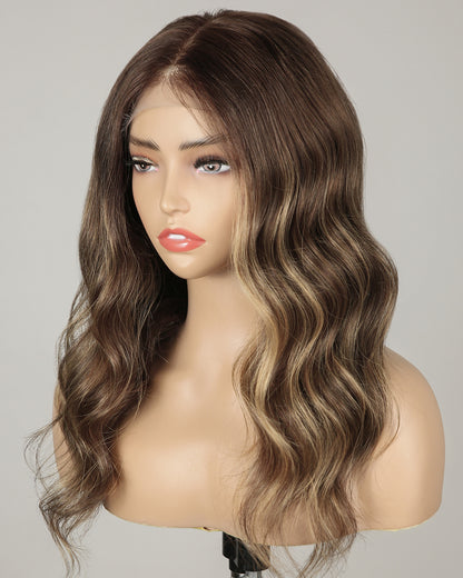 Talia | 20" Brown with Blonde Highlight Body Wave Glueless Swiss Lace Closure Wig - WW034