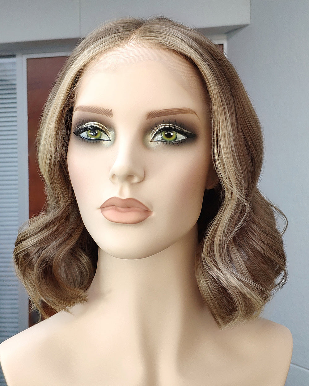 Ember | 14" Brown with Blonde Highlight Wavy Bob Glueless Swiss Lace Closure Wig - WW046