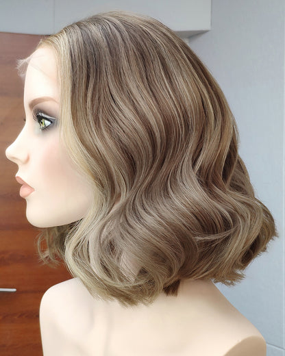 Ember | 14" Brown with Blonde Highlight Wavy Bob Glueless Swiss Lace Closure Wig - WW046
