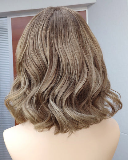 Ember | 14" Brown with Blonde Highlight Wavy Bob Glueless Swiss Lace Closure Wig - WW046