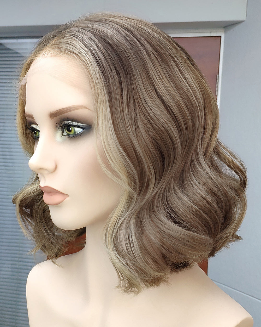 Ember | 14" Brown with Blonde Highlight Wavy Bob Glueless Swiss Lace Closure Wig - WW046