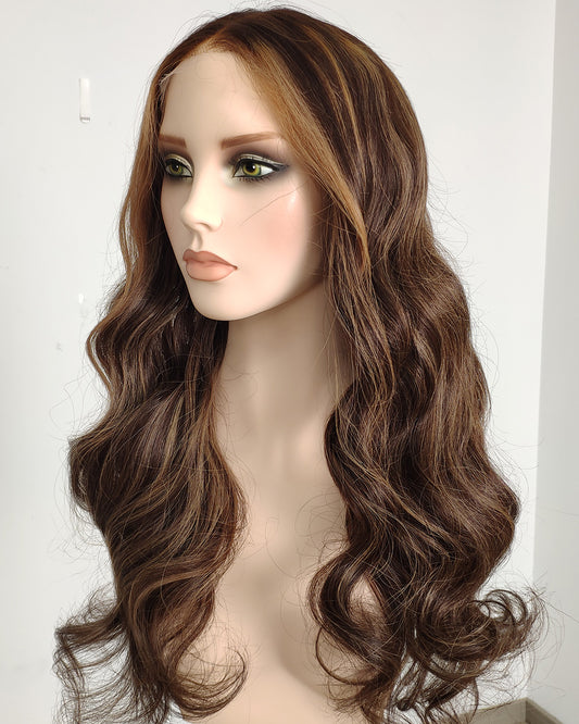 Pearl | 24" Brown with Blonde Highlight Wavy Glueless Swiss Lace Closure Wig - WW073