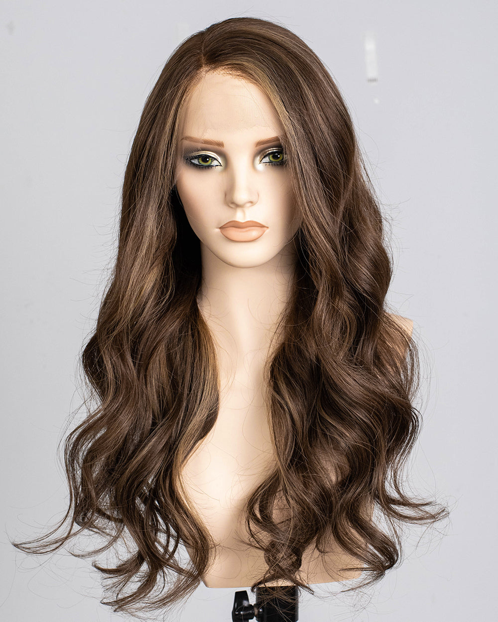 Clearance | 24 Inches Brown with Caramel Highlights Wavy Human Hair Swiss Lace Front Wig - RTWY-1948