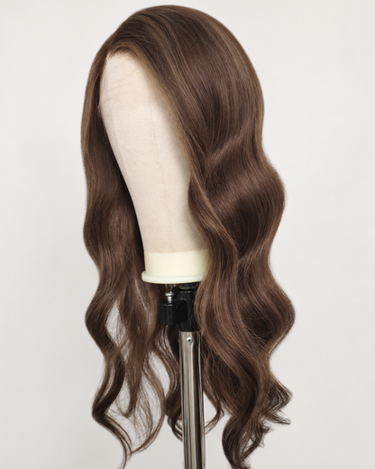 Clearance | 24 Inches Brown with Caramel Highlights Wavy Human Hair Swiss Lace Front Wig - RTWY-1948