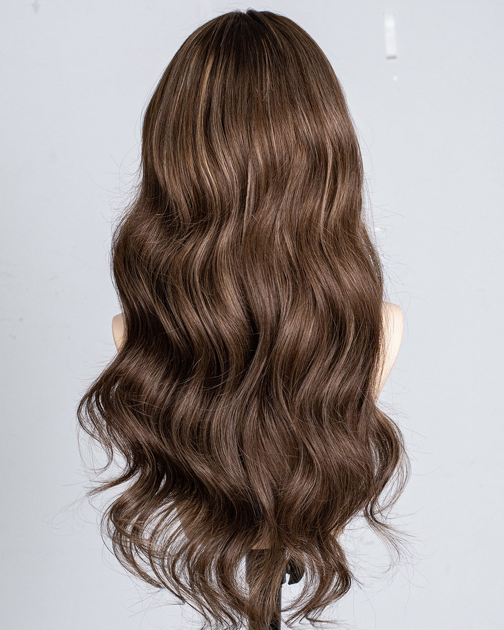 Clearance | 24 Inches Brown with Caramel Highlights Wavy Human Hair Swiss Lace Front Wig - RTWY-1948