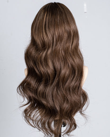 Clearance | 24 Inches Brown with Caramel Highlights Wavy Human Hair Swiss Lace Front Wig - RTWY-1948