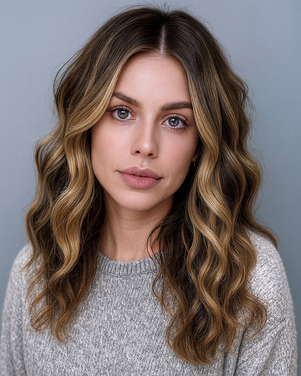 Delaney | 20" Brown with Honey Blonde Highlight Body Wavy Human Hair Swiss Lace Front Wig - WW058