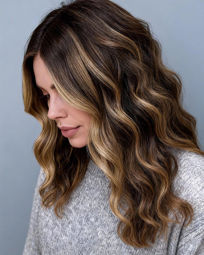 Delaney | 20" Brown with Honey Blonde Highlight Body Wavy Human Hair Swiss Lace Front Wig - WW058
