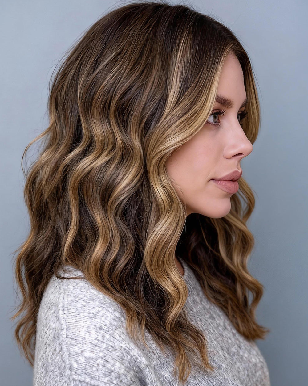 Delaney | 20" Brown with Honey Blonde Highlight Body Wavy Human Hair Swiss Lace Front Wig - WW058