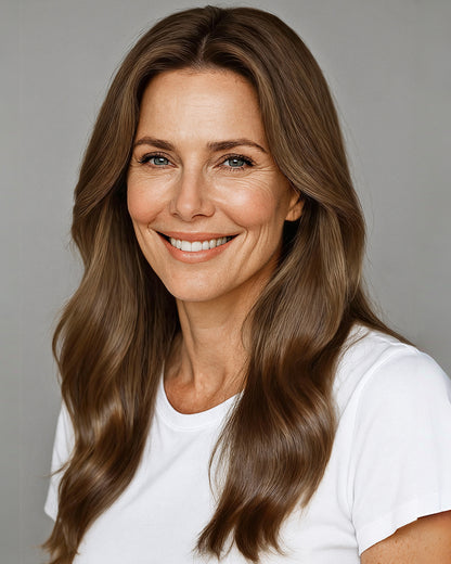 Amira | 20" Chocolate Brown with Blonde Highlight Wavy Glueless Swiss Lace Closure Wig - WW050