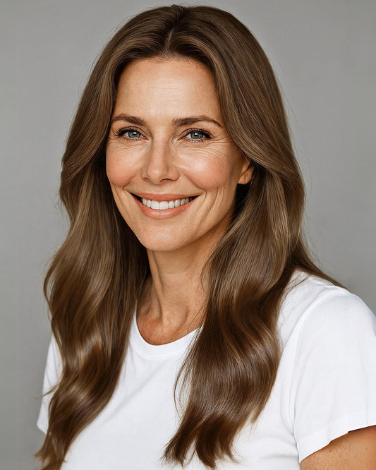 Amira | 20" Chocolate Brown with Blonde Highlight Wavy Glueless Swiss Lace Closure Wig - WW050