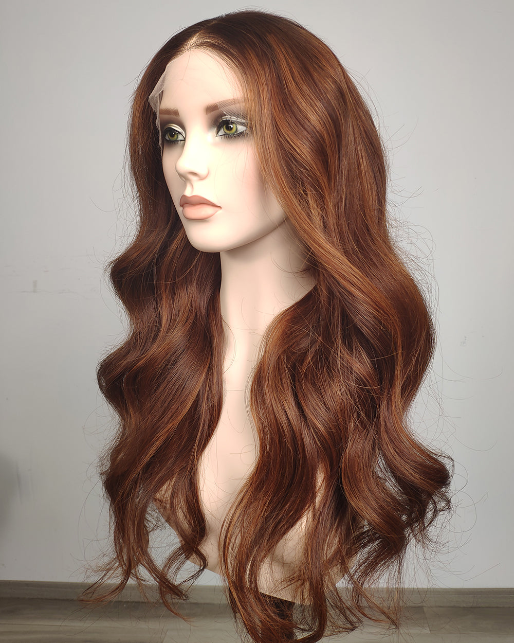 Clearance | 24 Inches Cinnamon Copper Brown Wavy Human Hair Swiss Lace Front Wig - RTWY-1955