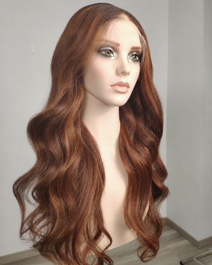 Clearance | 24 Inches Cinnamon Copper Brown Wavy Human Hair Swiss Lace Front Wig - RTWY-1955