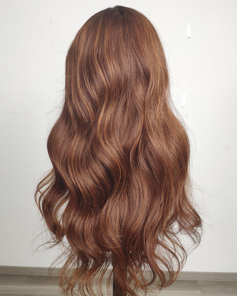 Clearance | 24 Inches Cinnamon Copper Brown Wavy Human Hair Swiss Lace Front Wig - RTWY-1955