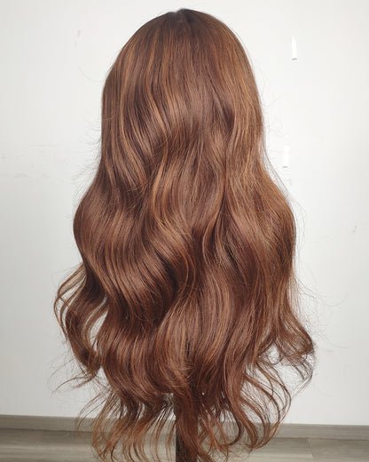Clearance | 24 Inches Cinnamon Copper Brown Wavy Human Hair Swiss Lace Front Wig - RTWY-1955
