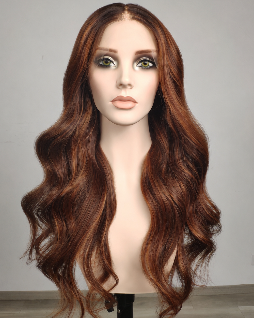 Clearance | 24 Inches Cinnamon Copper Brown Wavy Human Hair Swiss Lace Front Wig - RTWY-1955