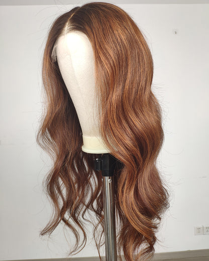 Clearance | 24 Inches Cinnamon Copper Brown Wavy Human Hair Swiss Lace Front Wig - RTWY-1955