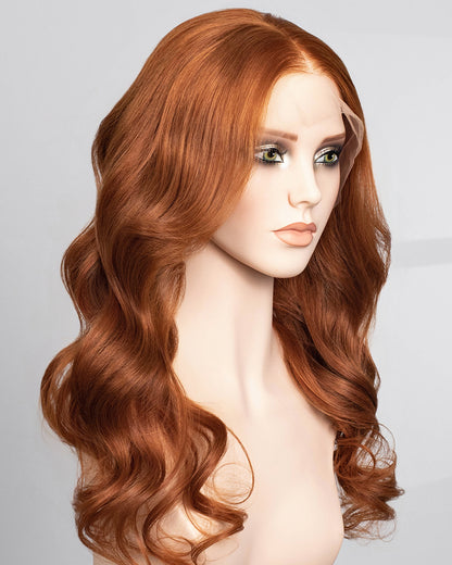 Lottie | 22" Copper Red Wavy With Layered Curtain Bangs Human Hair Swiss Lace Front Wig - WW061