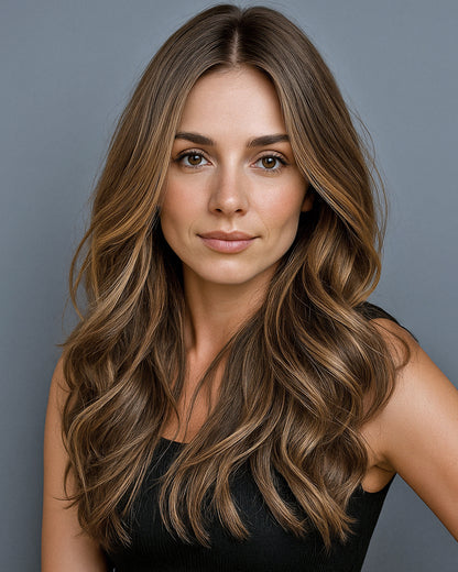 Helene | 22" Dark Brown with Honey Blonde Highlights Wavy Glueless Swiss Lace Closure Wig - WW052